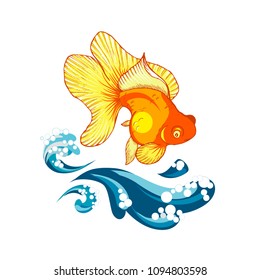 goldfish and wave, design element with fish on white background, vector illustration