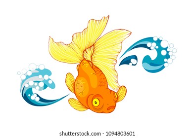 goldfish and wave, design element with fish on white background, vector illustration