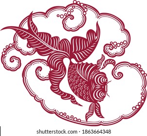 Goldfish in the whirlpool of a mountain river. Simulated traditional Chinese paper cut