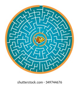 Goldfish's Round Maze Game (help the goldfish find way out of the maze - Maze vector puzzle)