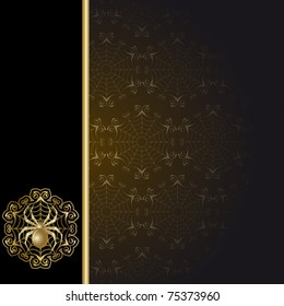 Gold-framed  with gold spider and web on the black background
