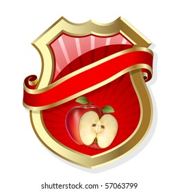 Gold-framed label with apple and red ribbon