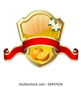 Gold-framed label with orange and red ribbon