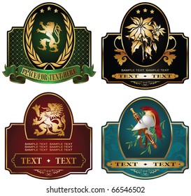 gold-framed labels on different topics