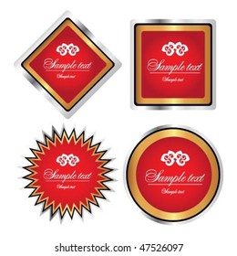 Gold-framed red labels and sticker