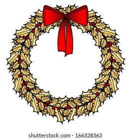 A gold/gilded holly christmas wreath with a red bow.