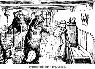 Goldilocks, this picture shows three bears in the room and scared little girl running away from them, vintage line drawing or engraving illustration