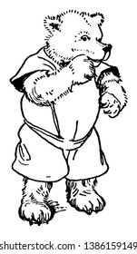Ricitos de oro y los Tres Osos, esta imagen muestra a un oso bebé con vestido humano, dibujo vintage de líneas o ilustración de grabado