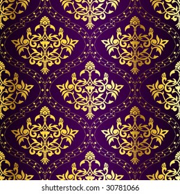 Gold-on-Purple seamless Indian floral pattern (vector); a JPG version is also available