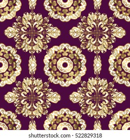 Gold-on-Purple seamless Indian floral pattern. vector illustration.