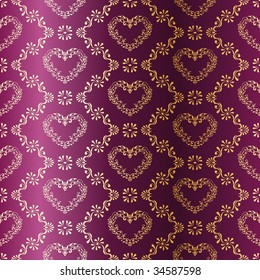 Gold-on-Purple seamless sari pattern with hearts (vector); a JPG version is also available