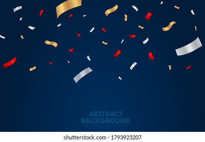 Gold,red and silver confetti on dark blue background. Festive event and party. Celebration carnival ribbons. Luxury greeting card. Vector illustration