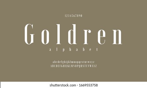 Goldren luxury minimal classic modern typeface typo typography alphabet fonts and number, uppercase lowercase and number. Vector illustration with solid gold color background.