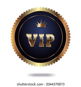 Gold-rimmed VIP pass with crown. The button is golden with a dark blue background. Vector illustration.