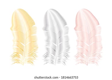  Gold,silver and pink feathers.Boho style elements,tattoo template.Hippie 
 gold design elements on a black background.Vector illustration.