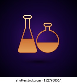 GoldTest tube and flask chemical laboratory test icon isolated on dark blue background. Laboratory glassware sign.  Vector Illustration