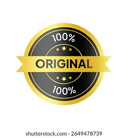 Um emblema circular preto aparado a ouro diz "100% ORIGINAL 100%", adornado com estrelas, apresentado em um fundo branco, transmitindo autenticidade com um tom brilhante e confiante.