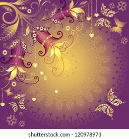 Gold-violet-red valentine vintage frame with gold hearts, flowers and butterflies (vector EPS 10)