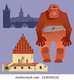 A Golem (anthropomorphic Being In Jewish Folklore Created From Clay Or Mud), Old New Synagogue And Charles Bridge. Prague, Czech Republic. Vector Illustration 

