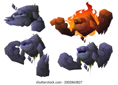 Golem cartoon character, stone monster, mythical creature, mascot with strong hands, glowing eyes and rocky body. Burning giant with lava and flame. Fairy tale personage, vector illustration, set