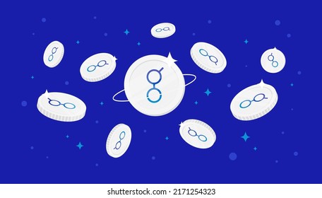 Monedas de Golem (GLM) cayendo del cielo. Fondo de banner de concepto de criptodivisa GLM.