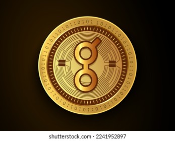 Golem GLM crypto currency symbol and logo on gold coin. Virtual money concept token based on blockchain technology. 
