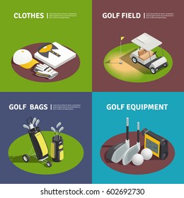 Golf 2x2 isometric design concept with golfer clothes golf bags cart on field and golf equipment square compositions vector illustration