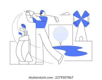 Golf abstract concept vector illustration. Mini golf world championship, outdoor recreation, country club tournament, rent equipment, personal training service, active lifestyle abstract metaphor.