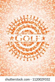 Golf abstract emblem, orange mosaic background