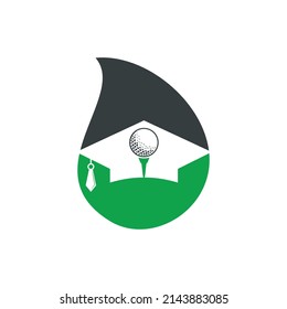 Icono del vector de logotipo de la forma de caída de la Academia de Golf. Diseño del logotipo de sombrero de graduación y bola de golf. 