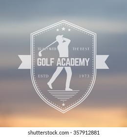 Golf Academy emblem, badge with golf player swinging golf club, vector illustration