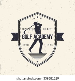 Golf Academy vintage emblem, badge with golf player swinging golf club, vector illustration