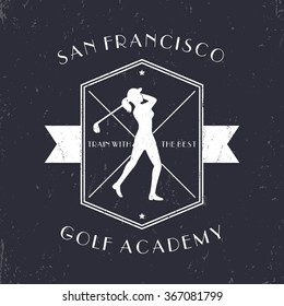 Golf Academy vintage emblem with golf player swinging golf club, white on dark, vector illustration