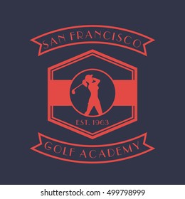 Golf academy vintage logo, badge, emblem with girl golfer, female golf player swinging club