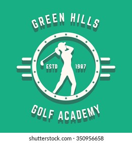 Golf Academy vintage round logo design with girl golf player