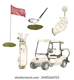 Golf accessories: golf cart, flag