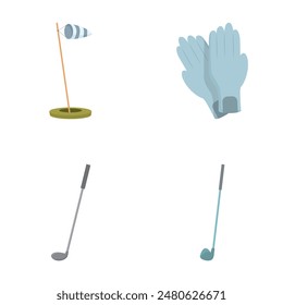 Golf accessories vector set with sports club, gloves, flag, hole, equipment, and more isolated on white background for recreational outdoor leisure activity illustration and design collection
