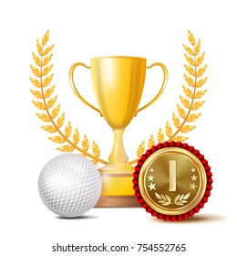 Golf Achievement Award Vector. Sport Banner Background. White Ball, Winner Cup, Golden 1st Place Medal. Realistic Isolated Illustration
