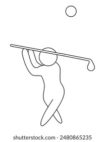 Golf. The athlete makes a swing using the swing technique. Sketch. The ball flies a long distance. A man hits the ball with a stick, his legs are crossed, the stick is held above his head in his hands