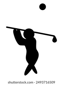 Golf. The athlete makes a swing using the swing technique. Silhouette. The ball flies a long distance. A man hits the ball with a stick, his legs are crossed, the stick is held above his head