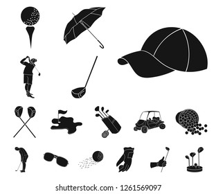 Golf and attributes black icons in set collection for design.Golf Club and equipment vector symbol stock web illustration.