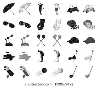 Golf and attributes black,monochrome icons in set collection for design.Golf Club and equipment vector symbol stock web illustration.