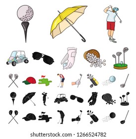 Golf and attributes cartoon, black icons in set collection for design.Golf Club and equipment vector symbol stock web illustration.