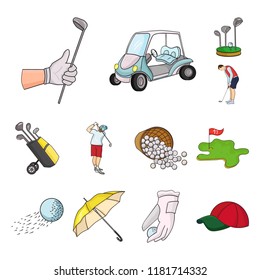 Golf and attributes cartoon icons in set collection for design.Golf Club and equipment vector symbol stock web illustration.