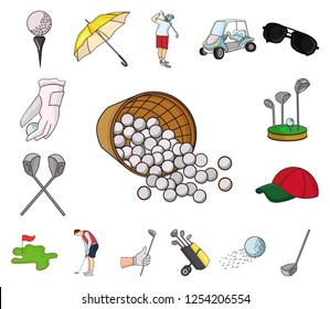 Golf and attributes cartoon icons in set collection for design.Golf Club and equipment vector symbol stock web illustration.