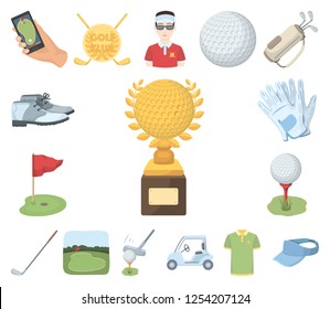 Golf and attributes cartoon icons in set collection for design.Golf Club and equipment vector symbol stock web illustration.