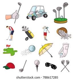 Golf and attributes cartoon icons in set collection for design.Golf Club and equipment vector symbol stock web illustration.