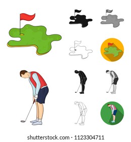 Golf and attributes cartoon,black,flat,monochrome,outline icons in set collection for design.Golf Club and equipment vector symbol stock web illustration.