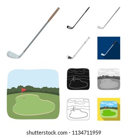 Golf and attributes cartoon,black,flat,monochrome,outline icons in set collection for design.Golf Club and equipment vector symbol stock web illustration.