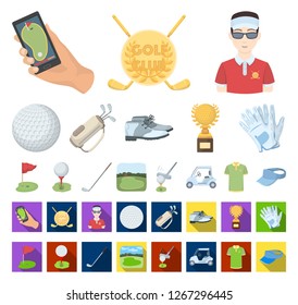 Golf and attributes cartoon,flat icons in set collection for design.Golf Club and equipment vector symbol stock web illustration.